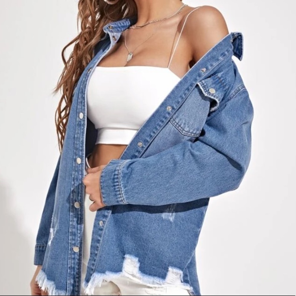 1 Left  ripped hem denim jean jacket - Picture 4 of 6